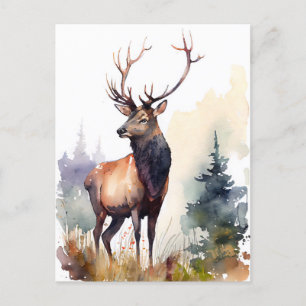 Waterverf Stag met majestueuze gewei in het bos Briefkaart