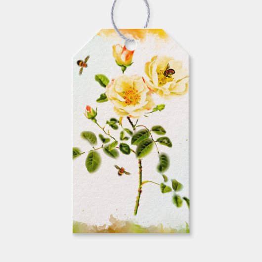 Waterverf Stem van Rozen met bijen Gift Label Cadeaulabel (Voorkant)