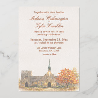 Waterverf Stenen Kapel Herfst Trouwuitnodiging Folie Uitnodiging