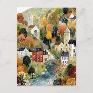 Waterverf stijl herfst dorpslandschap briefkaart