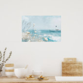 Waterverf stijl kustlandschap met vuurtoren poster (Keuken)