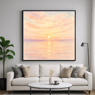 Waterverf stijl zonsondergang over zee kunst poster