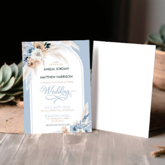 Waterverf Stofblauw Boho Bloemige Veer Bruiloft Kaart