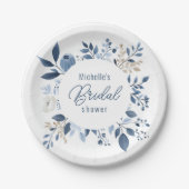 Waterverf Stofblauwe Bloemige Boho Bruidsdouche Papieren Bordje (Voorkant)