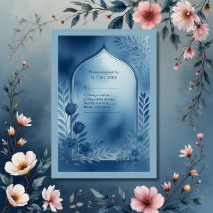 Waterverf Stofblauwe boog bloemige Trouw RSVP Kaartje