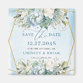 Waterverf Stofblauwe Pioenrozen Goud Save The Date Magneet (Voorkant)