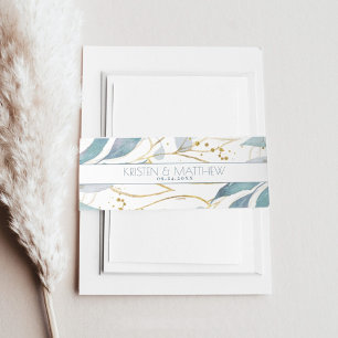 Waterverf Stoffig Blauw Bloemen Elegant Goud Bruil Uitnodigingen Wikkel