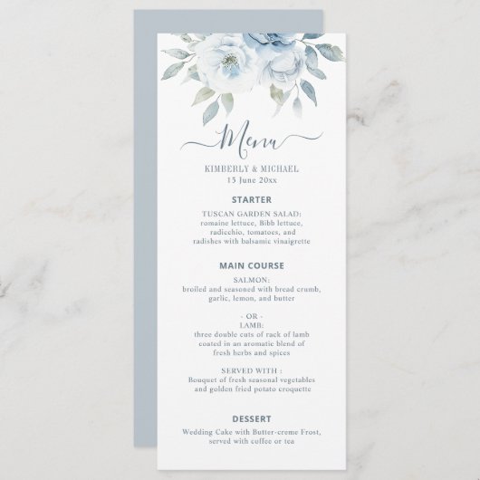 waterverf stoffige blauwe bloemen bruiloft menu (Voorkant / Achterkant)