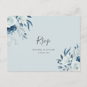 Waterverf stoffige blauwe bloemen bruiloft RSVP Briefkaart