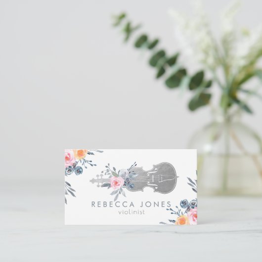 waterverf Stoffige Blauwe Bloemen Viool Visitekaartje (Staand voorkant)