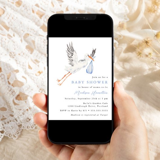 Waterverf Stork Blue Boy Baby shower Uitnodiging