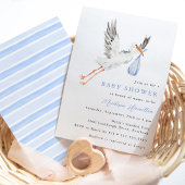 Waterverf Stork Blue Boy Baby shower Uitnodiging