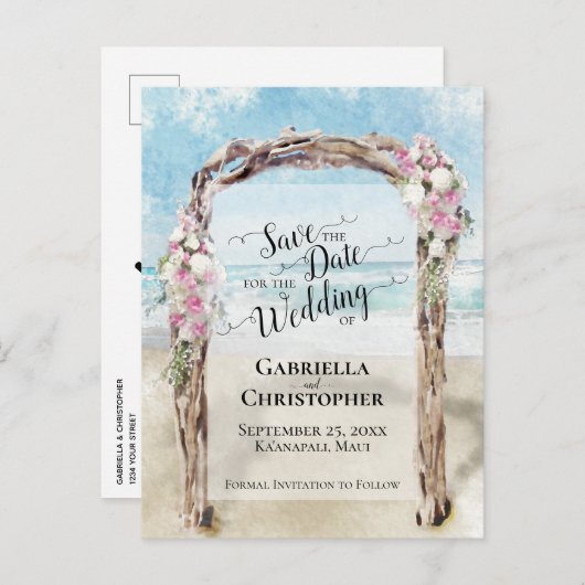 Waterverf Strand Bestemming Bruiloft Save the Date Aankondigingskaart (Voorkant / Achterkant)