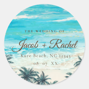 Waterverf Strand Blauwe Oceaan Bruiloft Ronde Stic Sticker