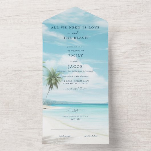 Waterverf strand bruiloft all in one uitnodiging (Binnen)