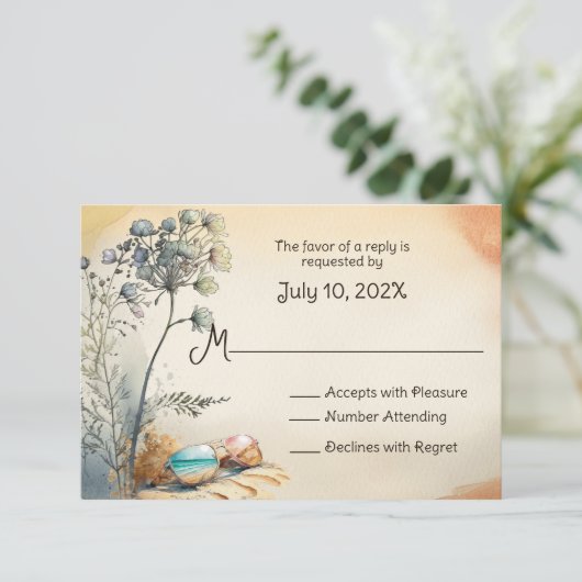 Waterverf strand bruiloft RSVP kaartje (Staand voorkant)