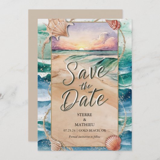 Waterverf strand bruiloft save the date (Voorkant / Achterkant)