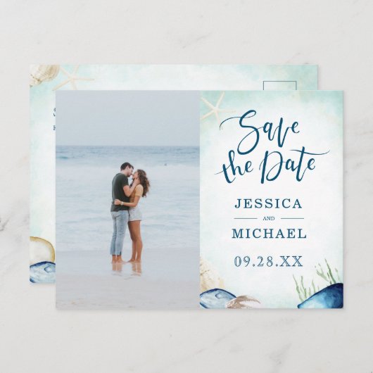 Waterverf Strand Calligrafie Foto Save The Date Uitnodiging Briefkaart (Voorkant / Achterkant)