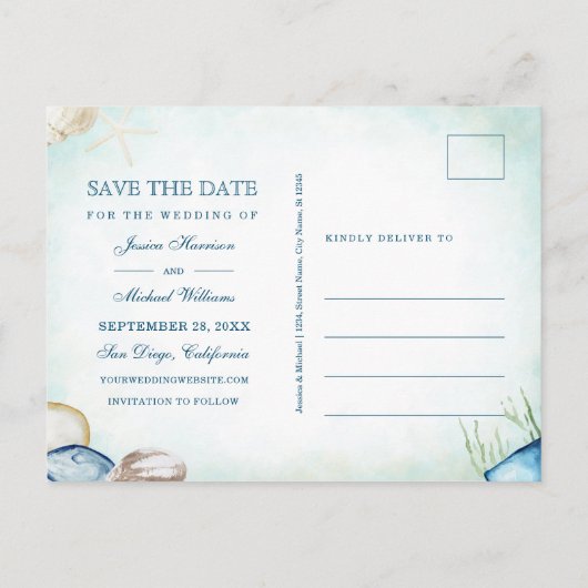 Waterverf Strand Calligrafie Foto Save The Date Uitnodiging Briefkaart (Achterkant)