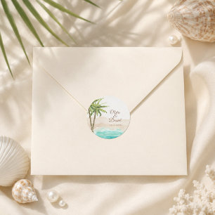 Waterverf Strand en Palmboom Bruiloft Ronde Sticker