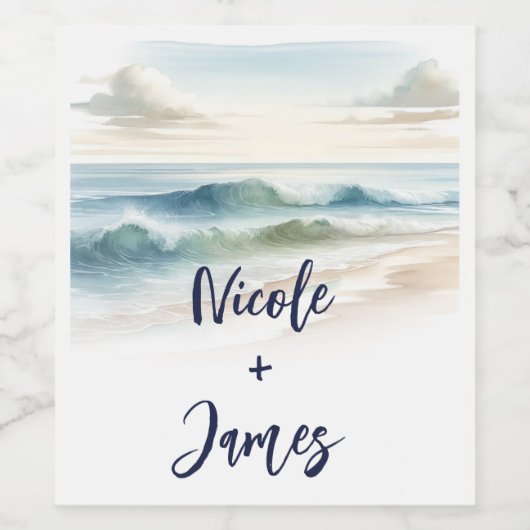 Waterverf strand golven rustieke kustbruiloft wijn etiket (Enkel label)