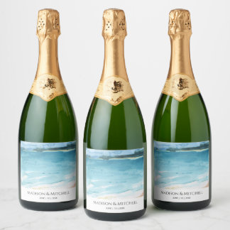 Waterverf Strand Oceaan Bestemming Trouwdag Sparkling Wijnetiket