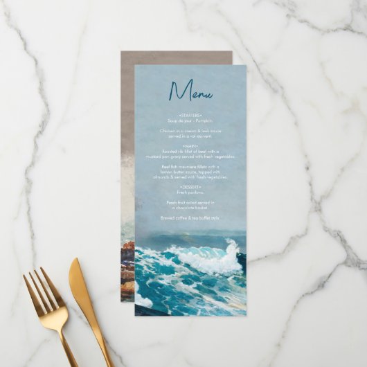Waterverf Strand Oceaan Golven Monogram Bruiloft Menu (Voorkant / Achterkant in situ)