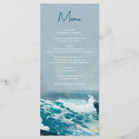 Waterverf Strand Oceaan Golven Monogram Bruiloft Menu (Voorkant)