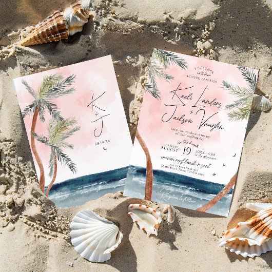 Waterverf Strand Palmbomen Kust Chic Wedding Kaart