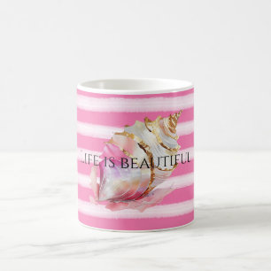Waterverf Strand Roze Strepen Gouden Shell Koffiemok
