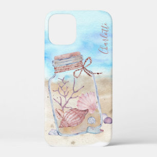 Waterverf Strand Schelpen Gepersonaliseerde Naam iPhone 12 Mini Hoesje