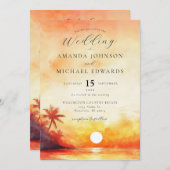 Waterverf Strand Sinaasappel Sunset QR Code Huweli Kaart (Voorkant / Achterkant)