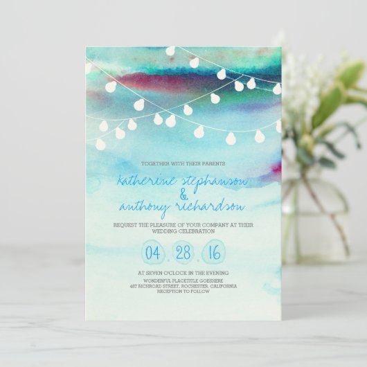 waterverf strand slingerlichten trouwkaart kaart (Staand voorkant)