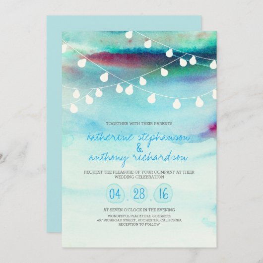 waterverf Strand String Lights huwelijksuitnodigin Kaart (Voorkant / Achterkant)