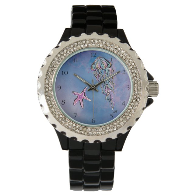 *~* Waterverf Strand Zee Jelly Fish Star Fish Chic Horloge (Voorkant)
