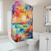 Waterverf strand zonsondergang Tropische kunst Douchegordijn (In situ)