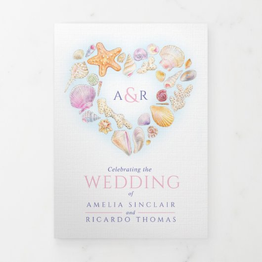 Waterverf strandbruiloft met Shellharart Drieluik Uitnodiging (Cover)