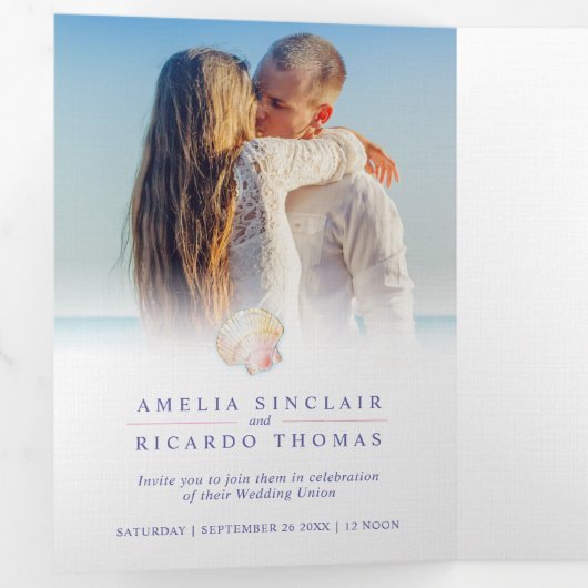 Waterverf strandbruiloft met Shellharart Drieluik Uitnodiging (Binnenzijde eerst)