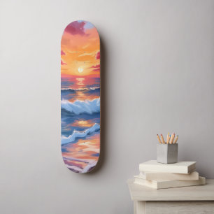 Waterverf Strandgolven Oceaan Zonsondergang Skateboard