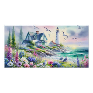 Waterverf Strandhuis en Vuurtoren Perfect Poster