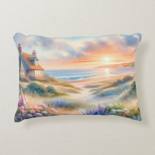 Waterverf Strandhuis Zonsondergang Duinen Accent Kussen
