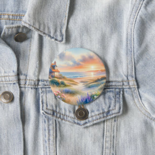 Waterverf Strandhuis Zonsondergang Duinen Ronde Button 7,6 Cm
