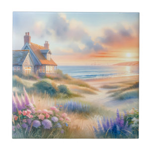 Waterverf Strandhuis Zonsondergang Duinen Tegeltje