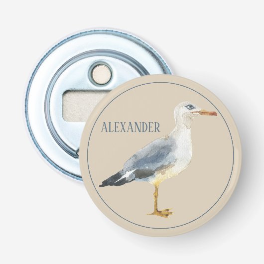 Waterverf Strandmeeuw Persoonlijk Button Flesopener (Voorkant)