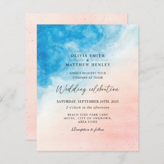 Waterverf strandoceaan huwelijksuitnodiging (Voorkant / Achterkant)