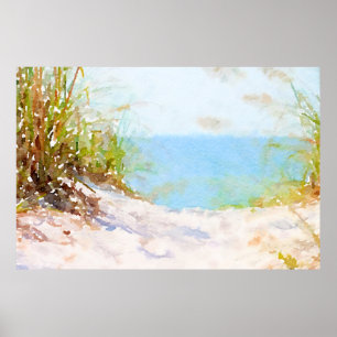 Waterverf Strandpad Oceaan Gras Poster