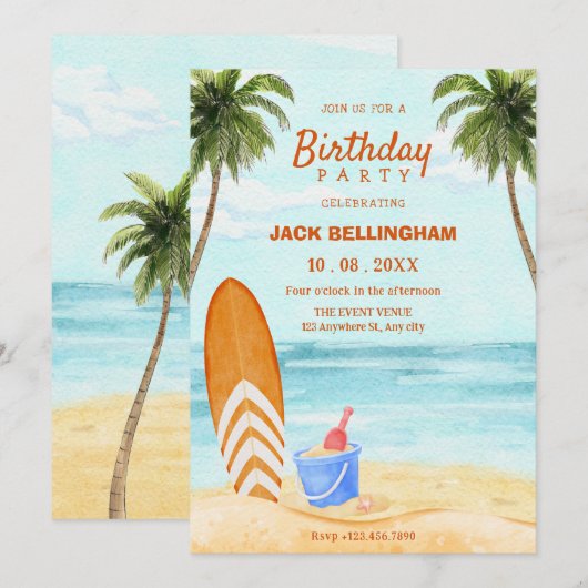 Waterverf strandparadijs jarig kaart (Voorkant / Achterkant)