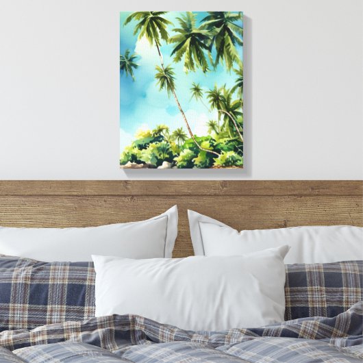 Waterverf strandscène met palmbomen canvas afdruk (Insitu (Slaapkamer))