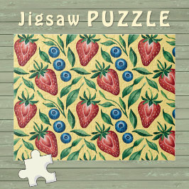 Waterverf Strawberry Blueberry Pattern op Geel Legpuzzel