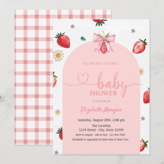Waterverf Strawberry Bow Red Plaid Baby shower Kaart (Voorkant / Achterkant)